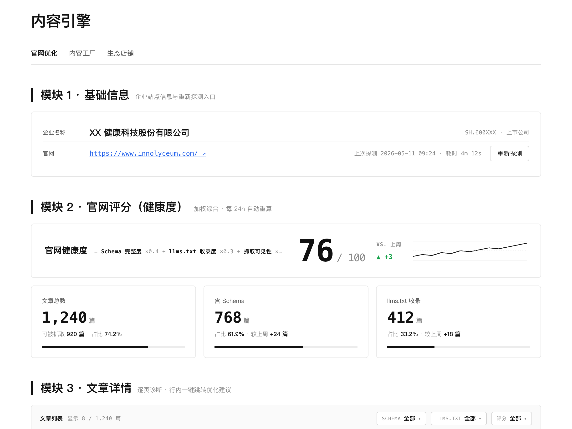 启航创服 GEO 官网结构化与内容引擎示意截图，展示Schema、llms.txt、文章详情与抓取可见性，已脱敏