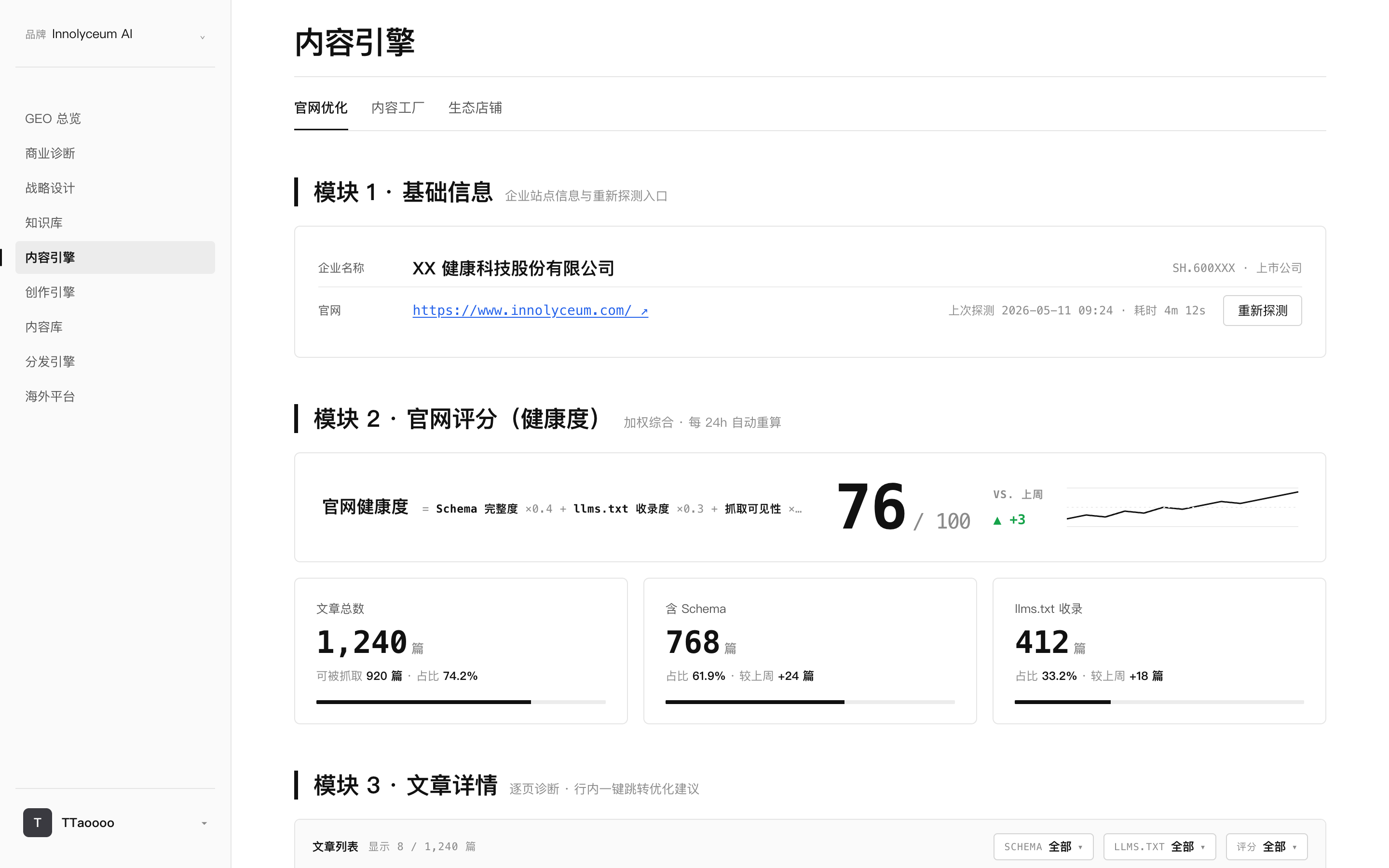 启航GEO系统中的官网优化界面，展示Schema与llms.txt相关配置模块，截图已脱敏